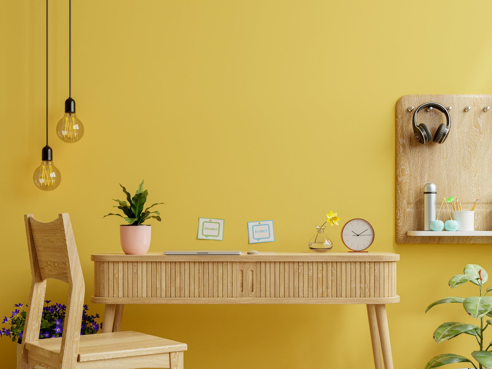 Office Desk Interior with Mockup Yellow Wall.