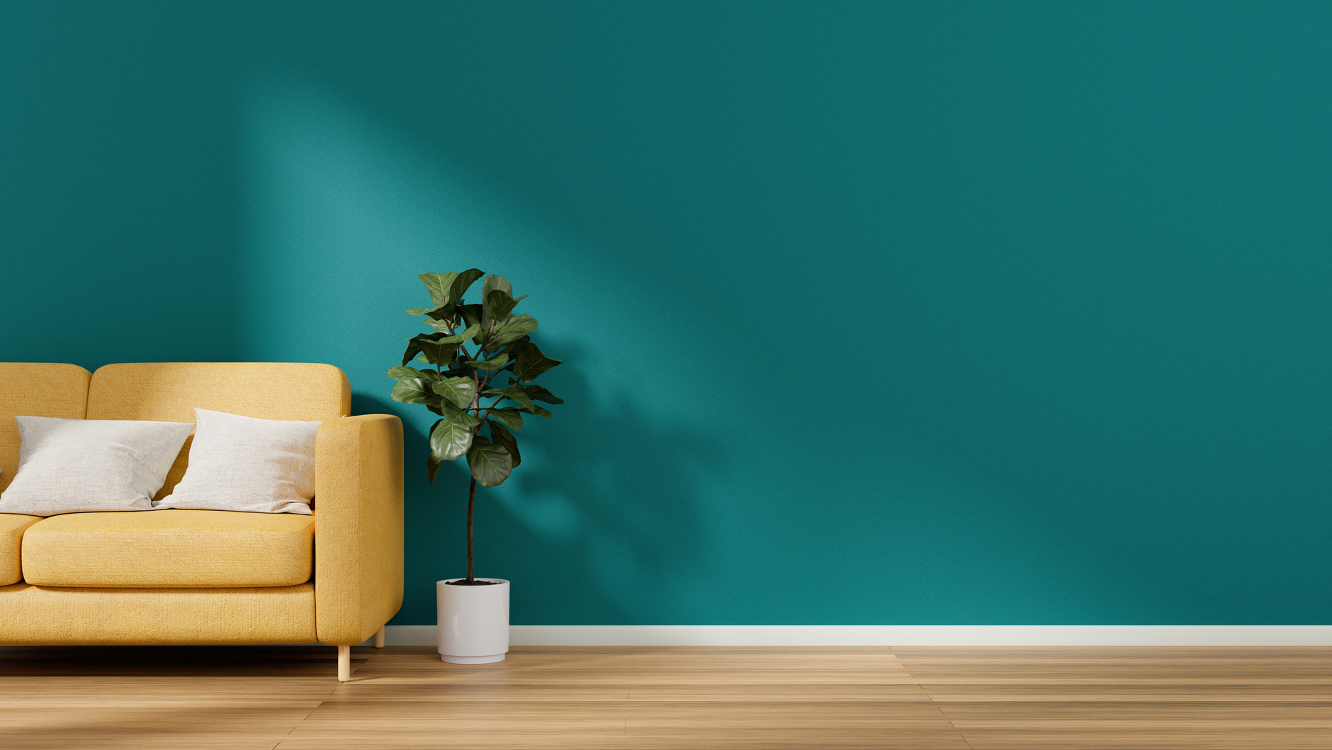 Living Room Interior with Turquoise Wall and Yellow Sofa 